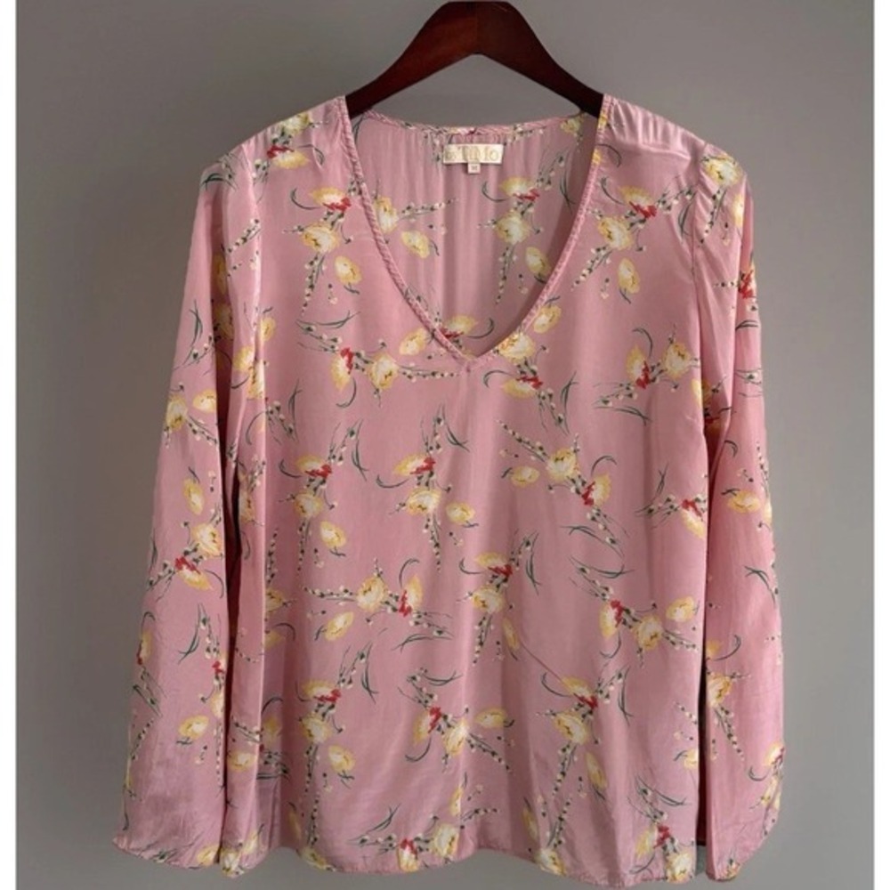 By TiMo Freesia Floral Blouse M Pink Viscose Boho Romantic Bell Sleeve Top Fairy
